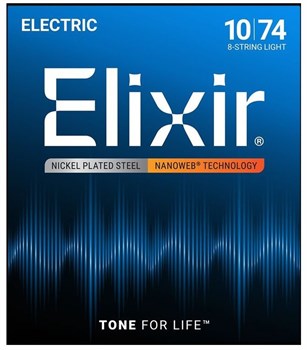 Elixir 12062 NANOWEB Комплект струн для 8-струнной электрогитары, никелированная сталь, Light 10-74 12062