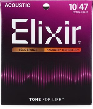 Elixir 11002 NANOWEB Комплект струн для акустической гитары, Extra Light, бронза 80/20, 10-47 11002-1