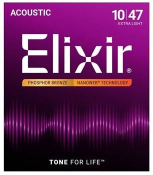 Elixir 16002 NANOWEB Комплект струн для акустической гитары, Extra Light, фосфорная бронза, 10-47 16002-1
