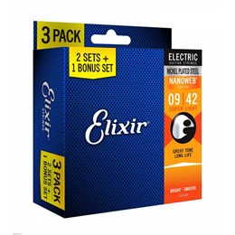 16540 NANOWEB Cтруны для электрогитары, Super Light, 9-42, 3 комплекта, Elixir 16540