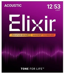 Elixir 16052 NANOWEB Комплект струн для акустической гитары, Light, фосфорная бронза, 12-53 16052-1