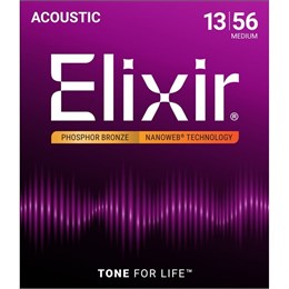 Elixir 16102 NANOWEB Комплект струн для акустической гитары, Medium, фосфорная бронза, 13-56 16102-1